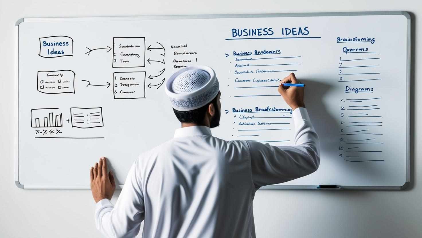 A Muslim in white board writing business ideas