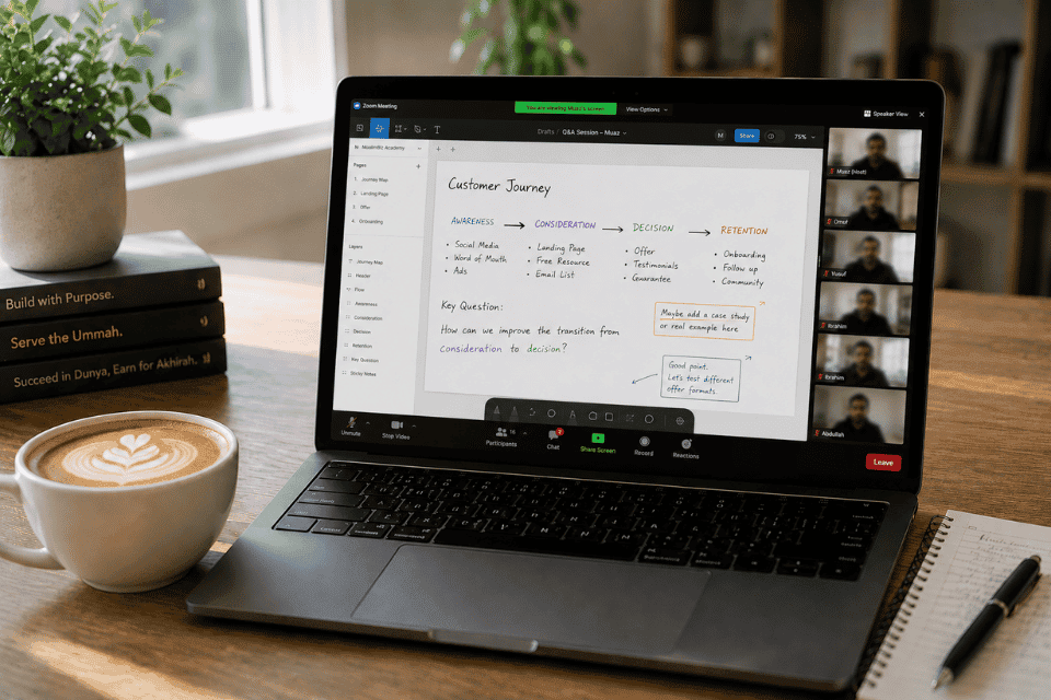 A laptop with a zoom call of muslim founders sharing their screen on a diagram.