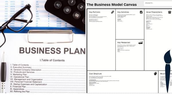A traditional business plan on one side and a business model canvas picture on the other side.